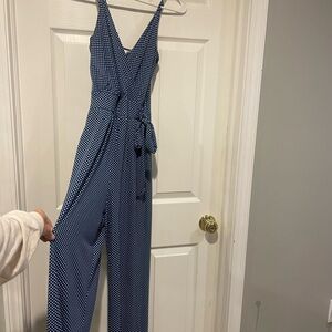 Polka Dot Navy Wrap Jumpsuit with Tie Waist